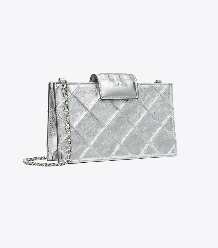 Tory Burch designer mini bags Mini Fleming Metallic Crossbody in Silver angle