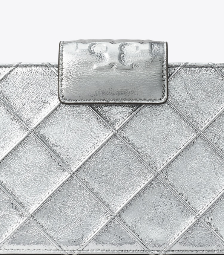 Tory Burch designer mini bags Mini Fleming Metallic Crossbody in Silver detail