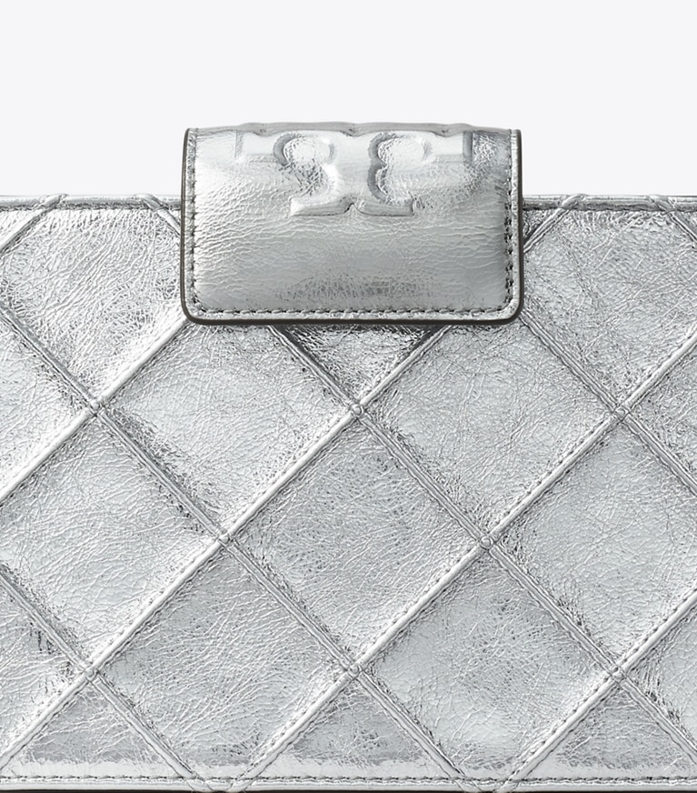 Tory Burch designer mini bags Mini Fleming Metallic Crossbody in Silver angle