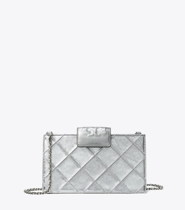 Tory Burch designer mini bags Mini Fleming Metallic Crossbody in Silver front