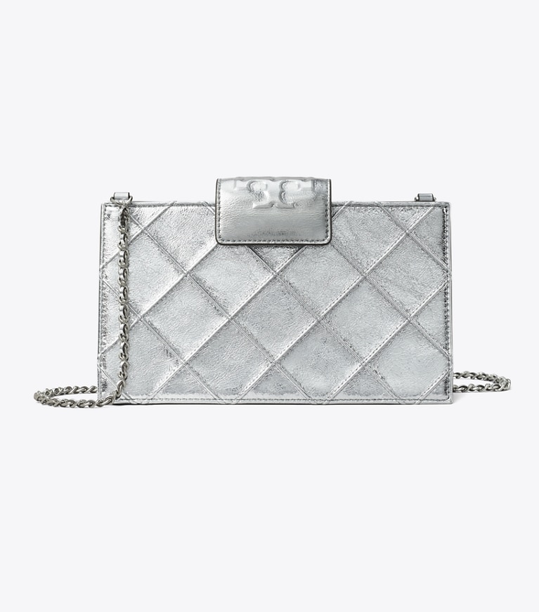 Tory Burch designer mini bags Mini Fleming Metallic Crossbody in Silver angle