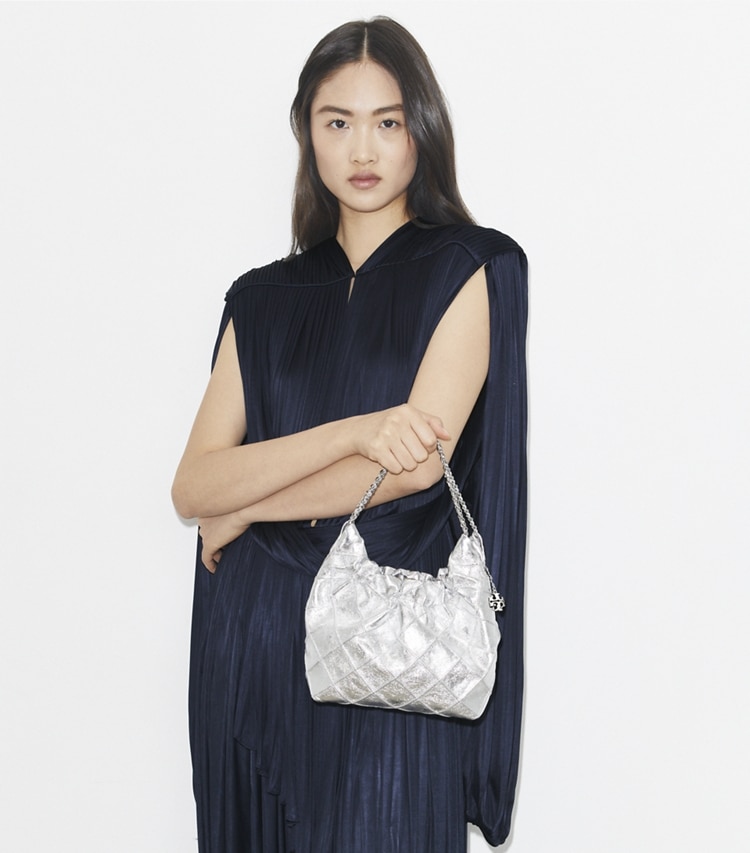 Tory Burch designer crossbody bags Mini Fleming Metallic Hobo Bag in Silver additional on model
