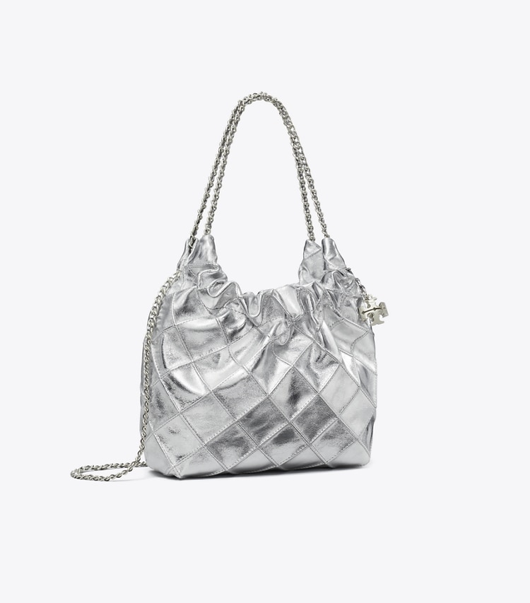 Tory Burch designer crossbody bags Mini Fleming Metallic Hobo Bag in Silver angle