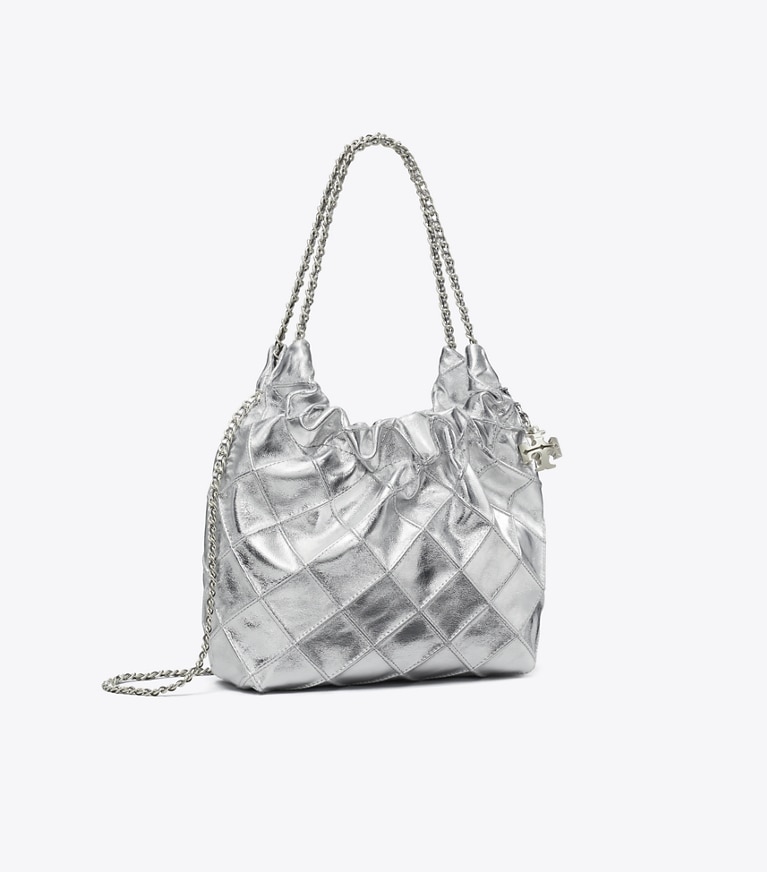 Tory Burch designer crossbody bags Mini Fleming Metallic Hobo Bag in Silver angle
