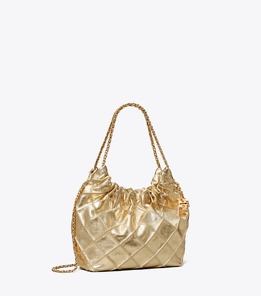 Tory Burch designer crossbody bags Mini Fleming Metallic Hobo Bag in GOLD angle