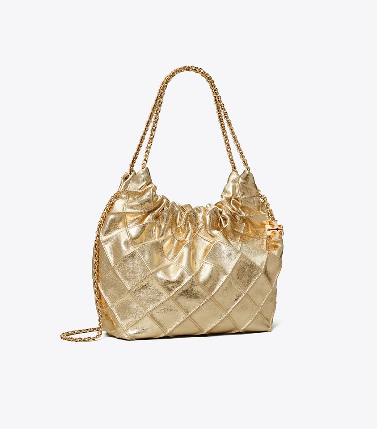 Tory Burch designer crossbody bags Mini Fleming Metallic Hobo Bag in GOLD angle