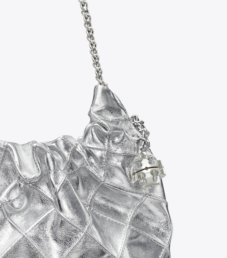 Tory Burch designer crossbody bags Mini Fleming Metallic Hobo Bag in Silver angle