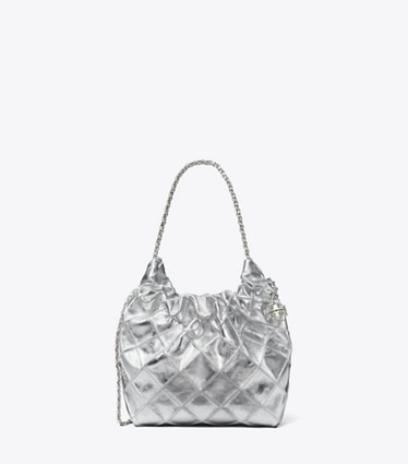 Tory Burch designer crossbody bags Mini Fleming Metallic Hobo Bag in Silver front