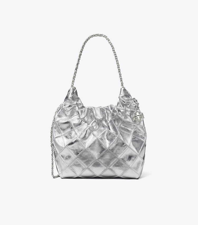 Tory Burch designer crossbody bags Mini Fleming Metallic Hobo Bag in Silver front
