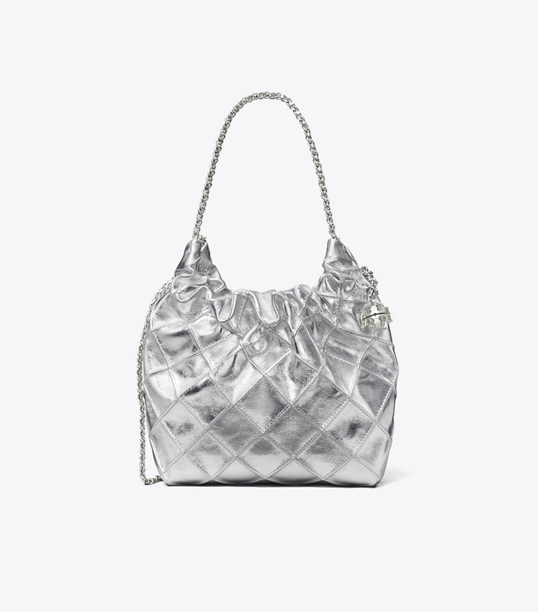 Tory Burch designer crossbody bags Mini Fleming Metallic Hobo Bag in Silver angle