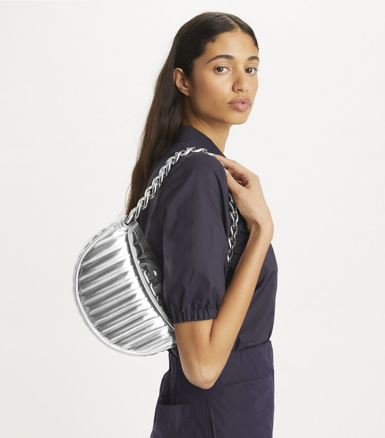 Tory Burch designer shoulder bags Mini Fleming Metallic Quilt Crescent Bag in Silver accessory on model