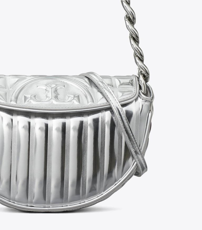 Tory Burch designer shoulder bags Mini Fleming Metallic Quilt Crescent Bag in Silver angle