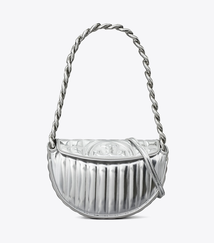 Tory Burch designer shoulder bags Mini Fleming Metallic Quilt Crescent Bag in Silver front