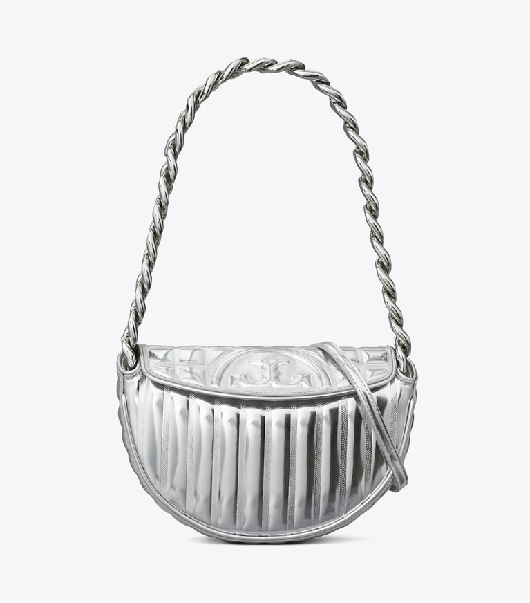 Tory Burch designer shoulder bags Mini Fleming Metallic Quilt Crescent Bag in Silver angle