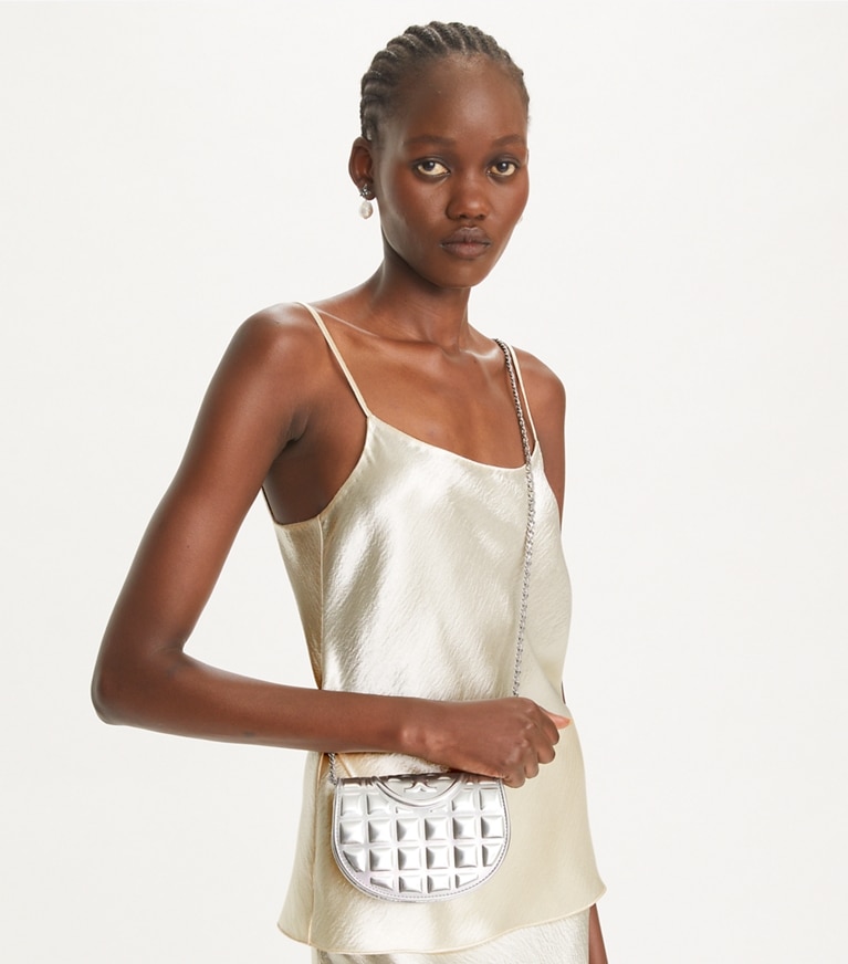 Tory Burch designer mini bags Mini Fleming Metallic Square Quilt Crossbody in Silver angle