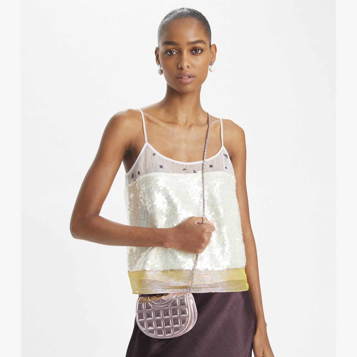 トリーバーチ　みーちゃん Mini Fleming Metallic Square Quilt Crossbody: Women's