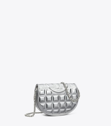 Tory Burch designer mini bags Mini Fleming Metallic Square Quilt Crossbody in Silver angle