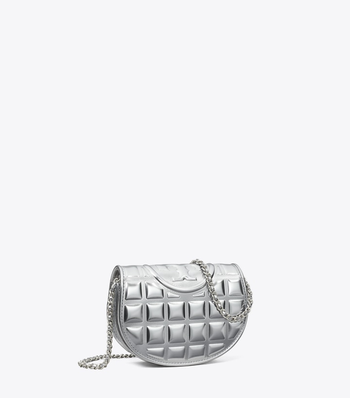 Tory Burch designer mini bags Mini Fleming Metallic Square Quilt Crossbody in Silver angle