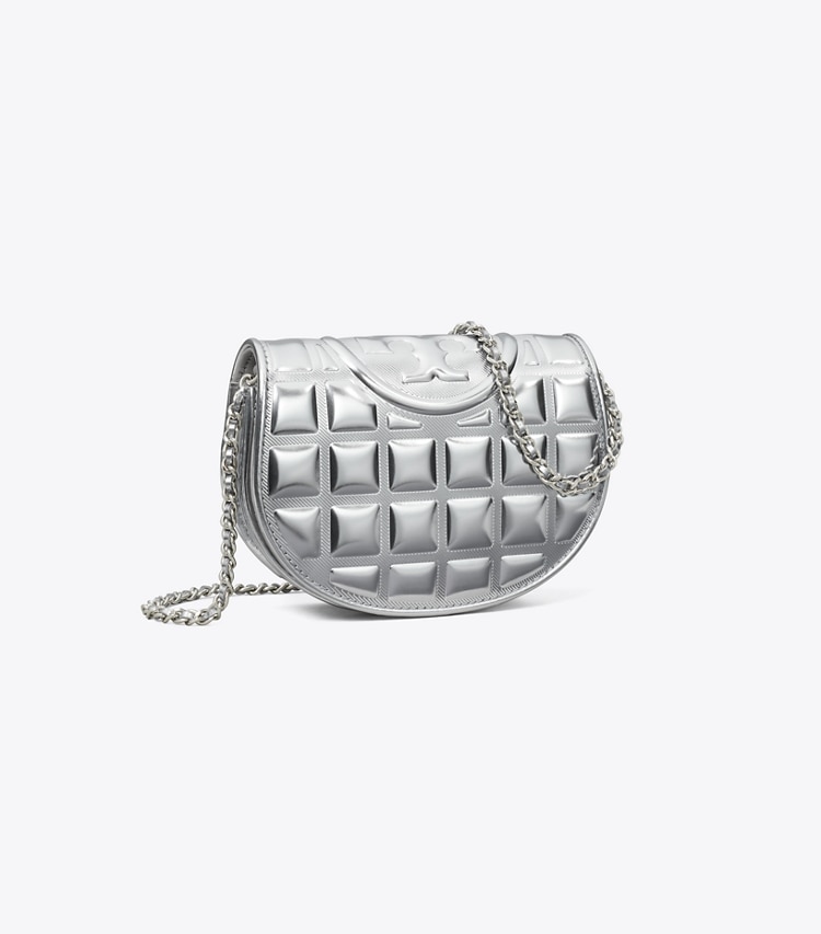 Tory Burch designer mini bags Mini Fleming Metallic Square Quilt Crossbody in Silver angle