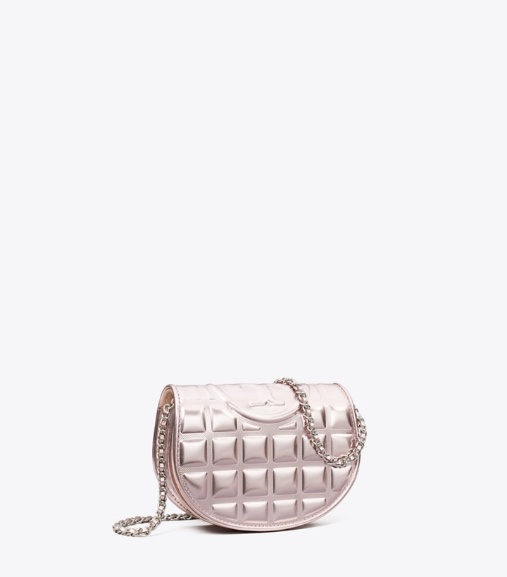 Tory Burch designer mini bags Mini Fleming Metallic Square Quilt Crossbody in Sparkle Pink angle