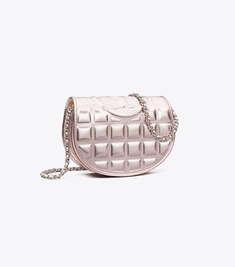 Tory Burch designer mini bags Mini Fleming Metallic Square Quilt Crossbody in Sparkle Pink angle