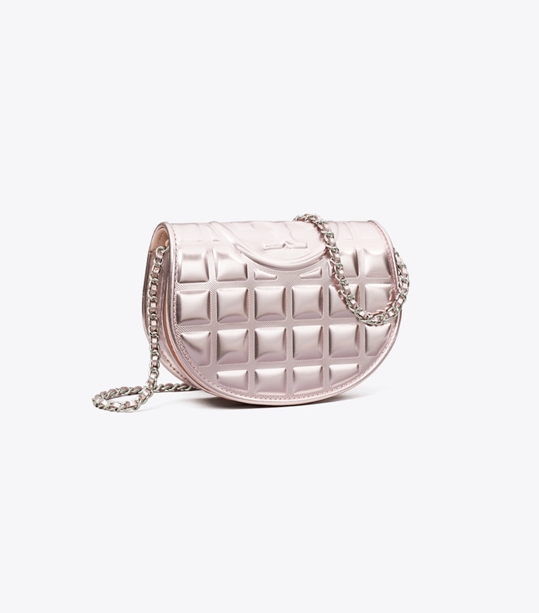 Tory Burch designer mini bags Mini Fleming Metallic Square Quilt Crossbody in Sparkle Pink angle