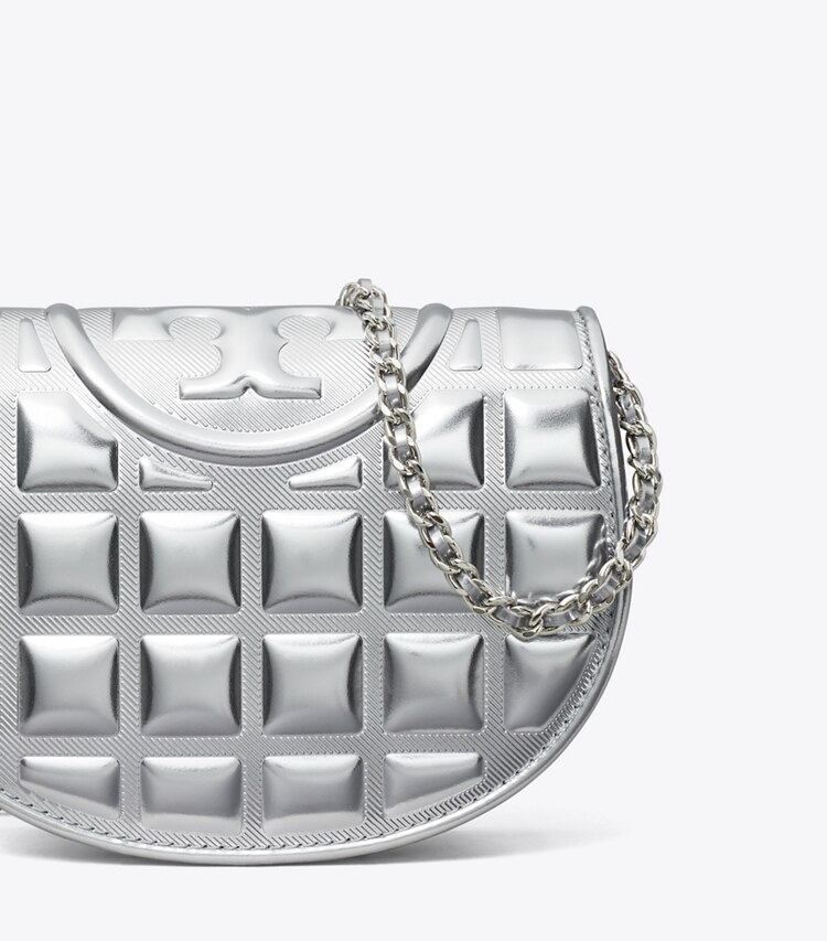 Tory Burch designer mini bags Mini Fleming Metallic Square Quilt Crossbody in Silver detail