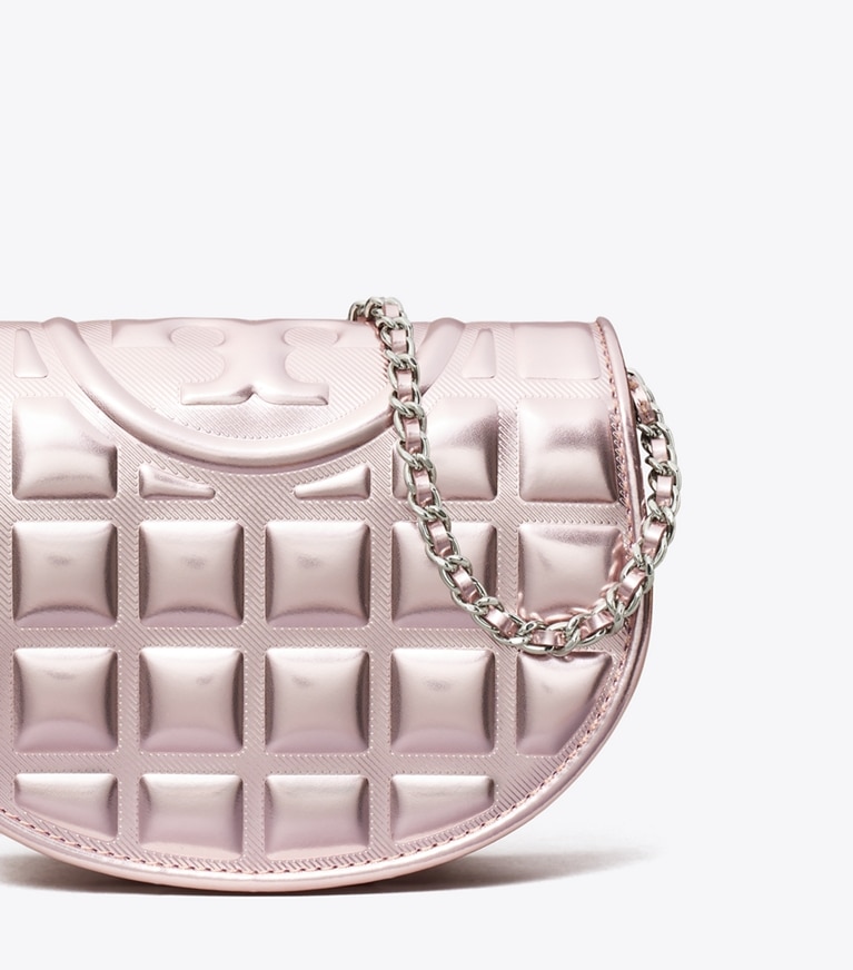 Tory Burch designer mini bags Mini Fleming Metallic Square Quilt Crossbody in Sparkle Pink angle
