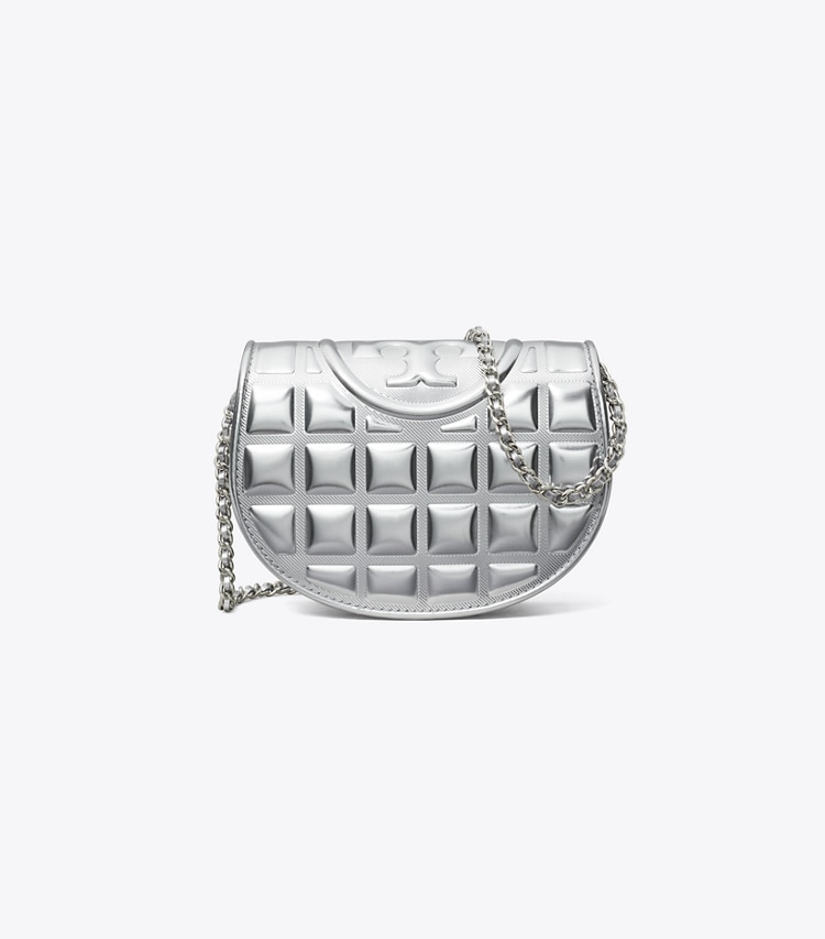 Tory Burch designer mini bags Mini Fleming Metallic Square Quilt Crossbody in Silver front