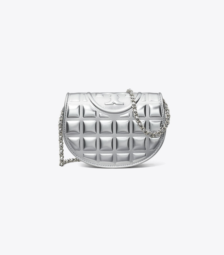 Tory Burch designer mini bags Mini Fleming Metallic Square Quilt Crossbody in Silver angle