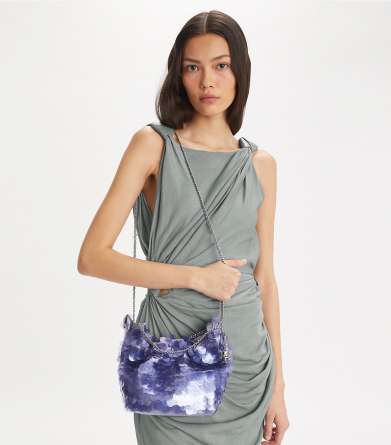 Tory Burch designer crossbody bags Mini Fleming Paillette Hobo Bag in Dark Lotus angle