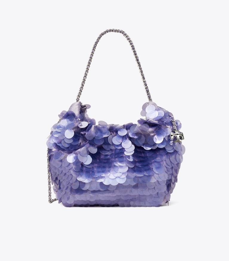 Tory Burch designer crossbody bags Mini Fleming Paillette Hobo Bag in Dark Lotus angle