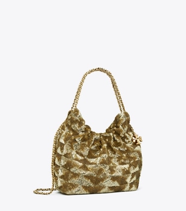 Tory Burch designer crossbody bags Mini Fleming Sequin Hobo Bag in 18 KT Gold angle