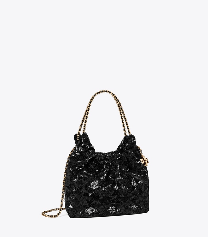 Tory Burch designer borse a spalla Mini Fleming Sequin Hobo Bag in Black angle