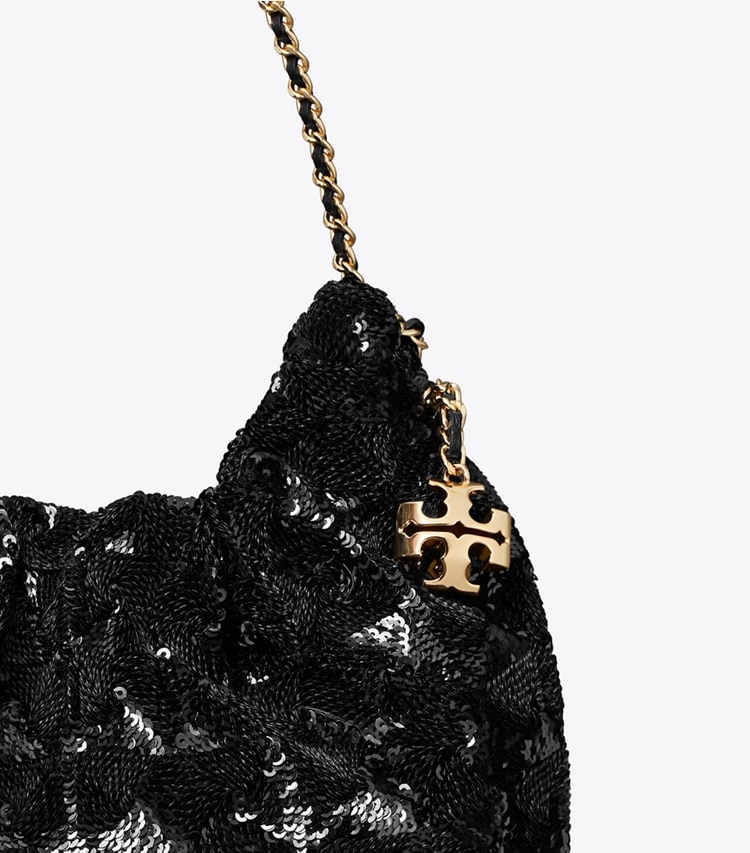 Tory Burch designer クロスボディバッグ フレミング スパンコール ミニ ホーボーバッグ in Black ディテール