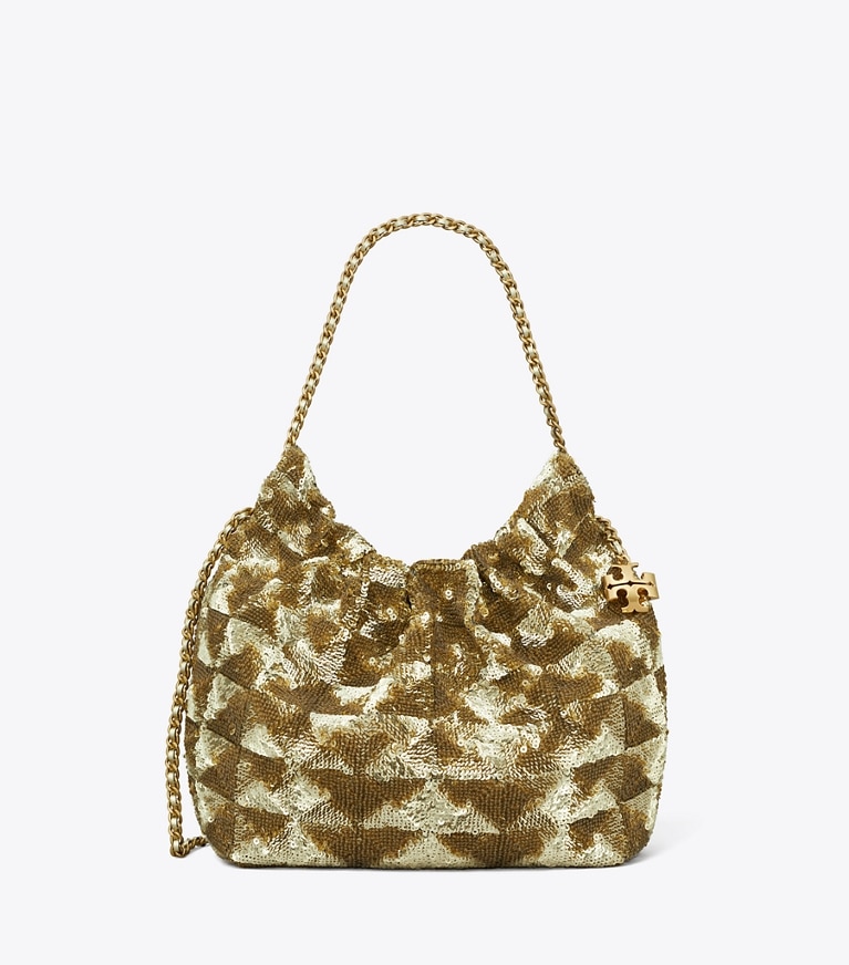 Tory Burch designer crossbody bags Mini Fleming Sequin Hobo Bag in 18 KT Gold angle