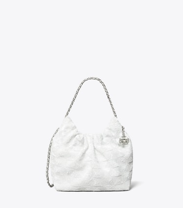 Tory Burch designer crossbody bags Mini Fleming Sequin Hobo Bag in White front