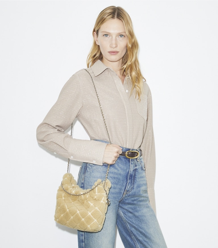 Tory Burch designer crossbody bags Mini Fleming Shearling Hobo Bag in Ivory angle