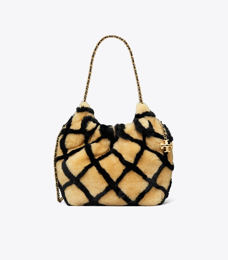 Tory Burch designer crossbody bags Mini Fleming Shearling Hobo Bag in Toffee front