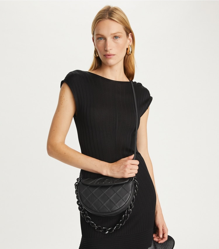 Tory Burch designer shoulder bags Mini Fleming Soft Crescent Bag in Black accessory on model