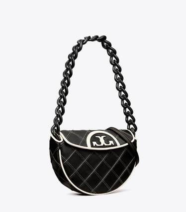 Tory Burch designer shoulder bags Mini Fleming Soft Crescent Bag in Black angle