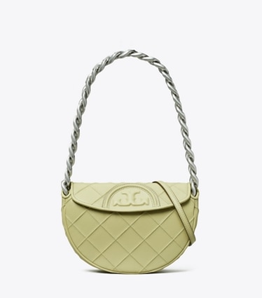 Tory Burch designer shoulder bags Mini Fleming Soft Crescent Bag in Olive Sprig front