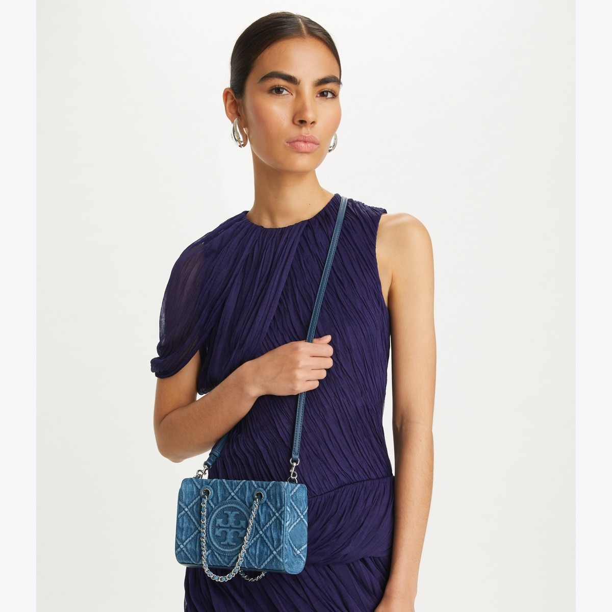 Mini Fleming Soft Denim Chain Tote in blue, size OS