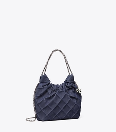 Tory Burch designer クロスボディバッグ フレミング ソフトデニム ミニホーボーバッグ in Blue angle