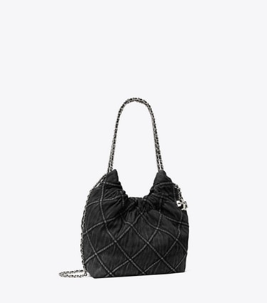 Tory Burch designer crossbody bags Mini Fleming Soft Denim Hobo Bag in Black angle