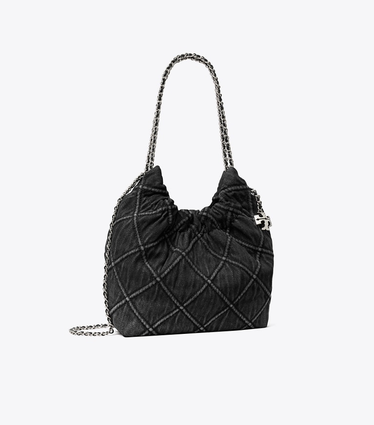 Tory Burch designer crossbody bags Mini Fleming Soft Denim Hobo Bag in Black angle