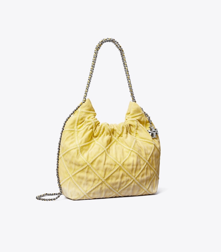 Tory Burch designer crossbody bags Mini Fleming Soft Denim Hobo Bag in Yellow angle
