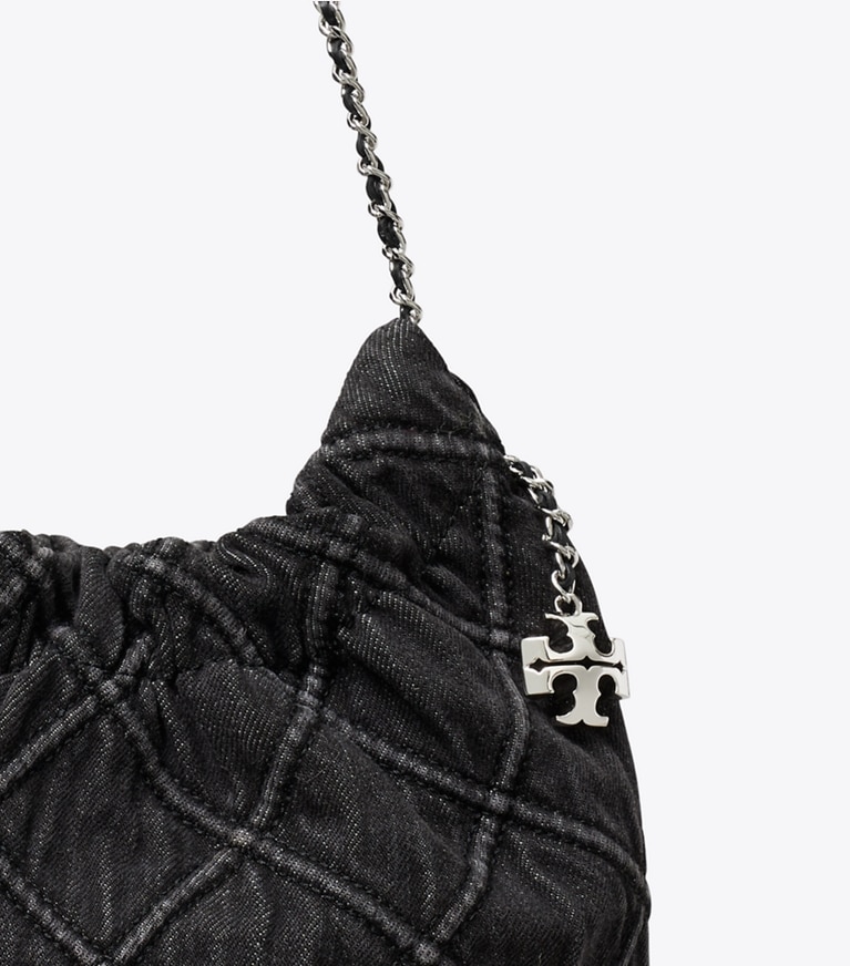 Tory Burch designer crossbody bags Mini Fleming Soft Denim Hobo Bag in Black detail