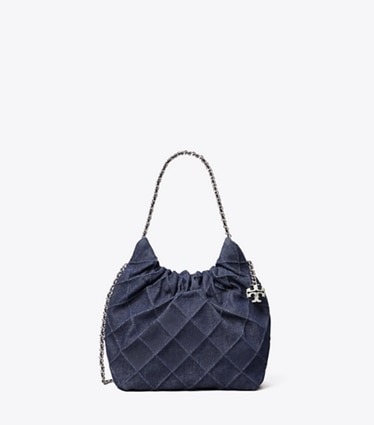 Tory Burch designer クロスボディバッグ フレミング ソフトデニム ミニホーボーバッグ in Blue front