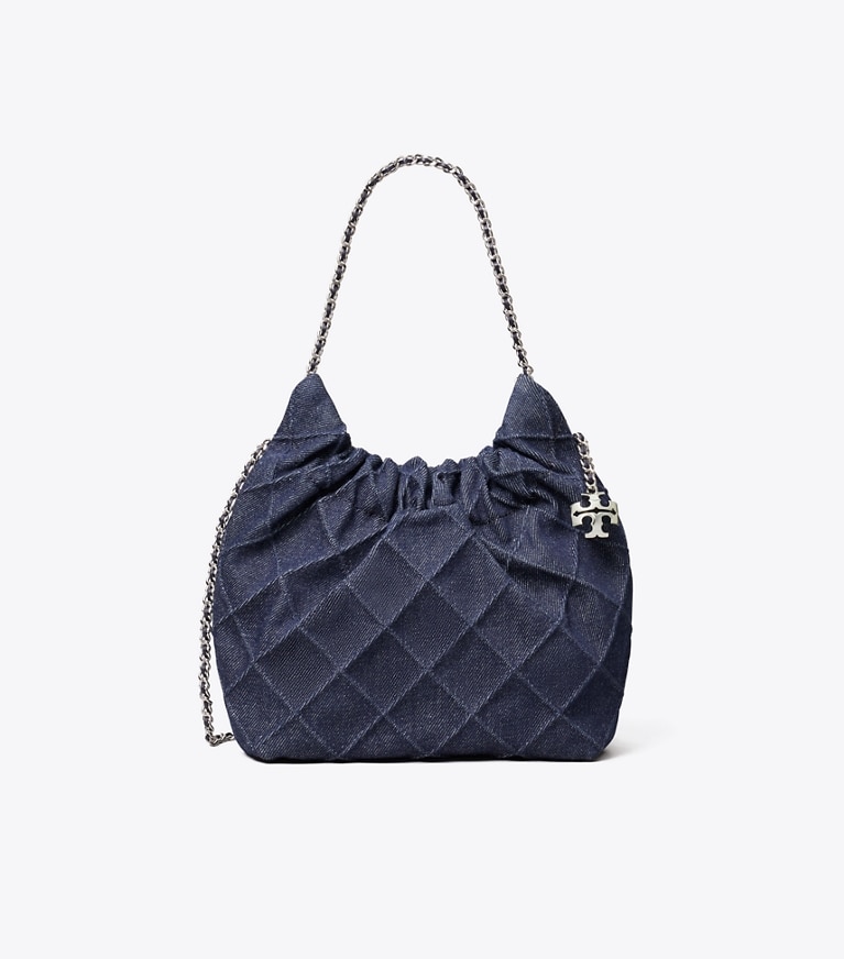 Tory Burch designer クロスボディバッグ フレミング ソフトデニム ミニホーボーバッグ in Blue front
